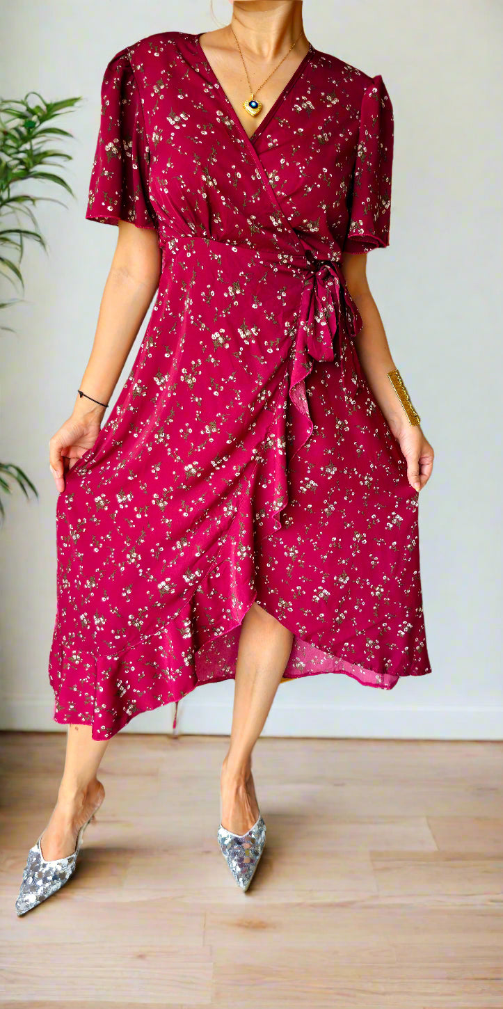 asymmetric maroon wrap dress