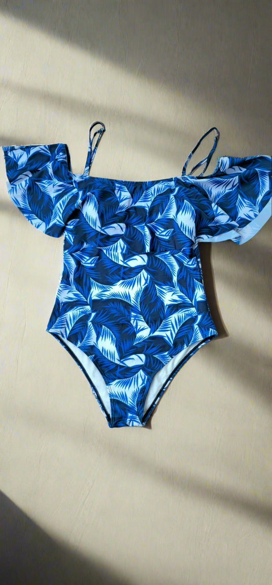 blue printed one piece swimwear