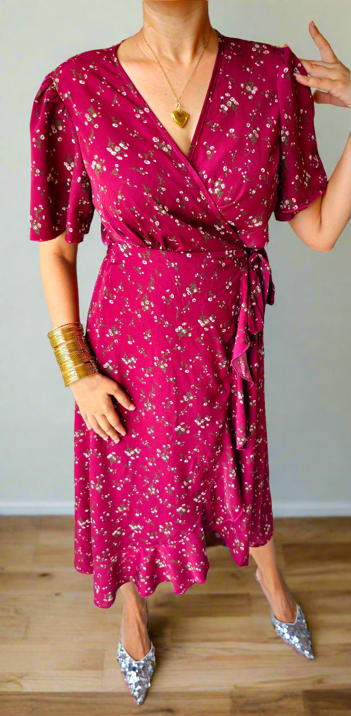 asymmetric maroon wrap dress
