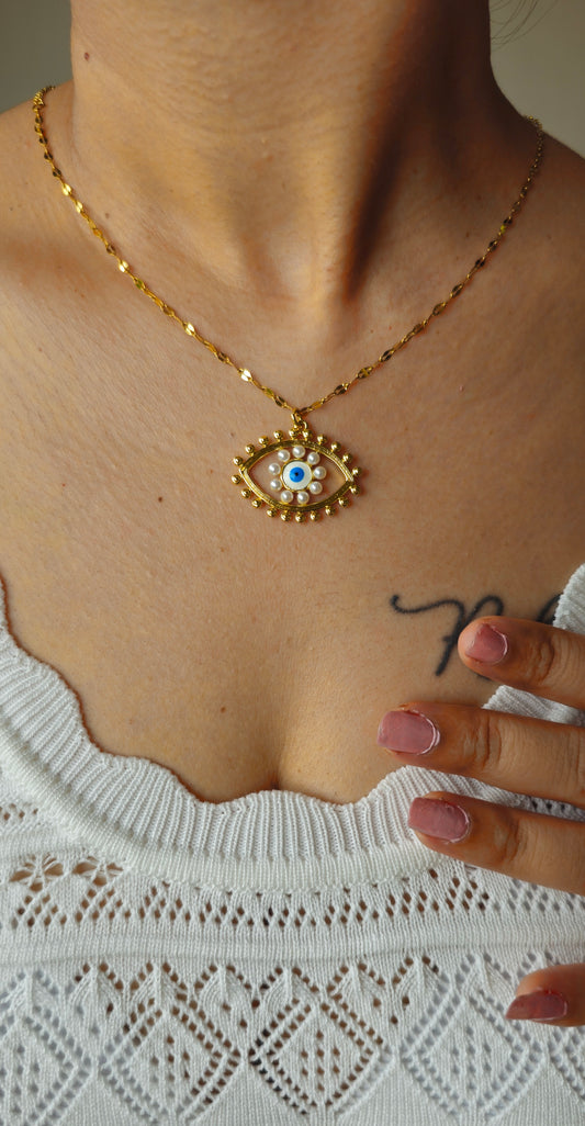 golden pearl evil eye pendent set